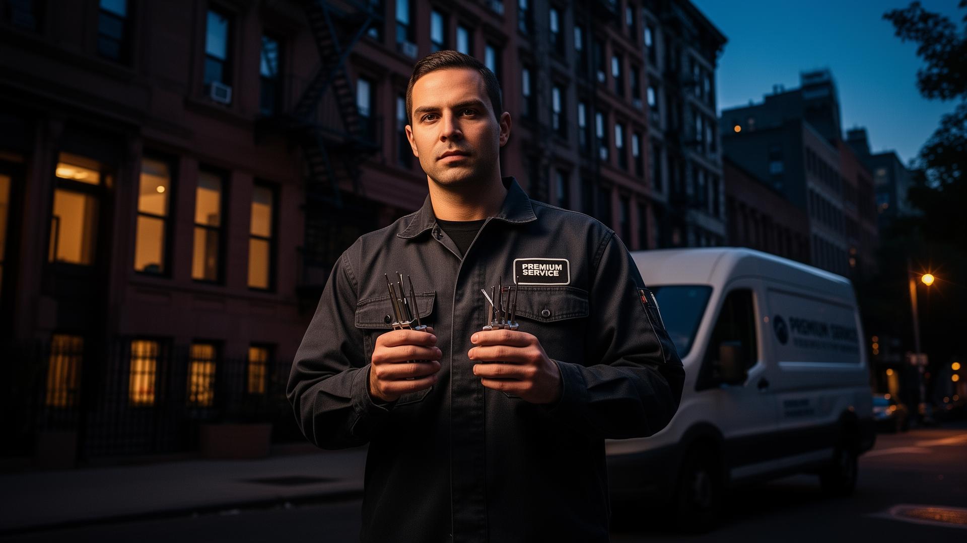 LEO Locksmith technician with professional tools in front of NYC apartment buildings at twilight